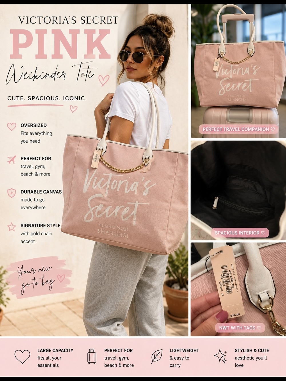 🌸 Victoria’s Secret Pink Canvas Weekender Tote Bag Blush 🌸